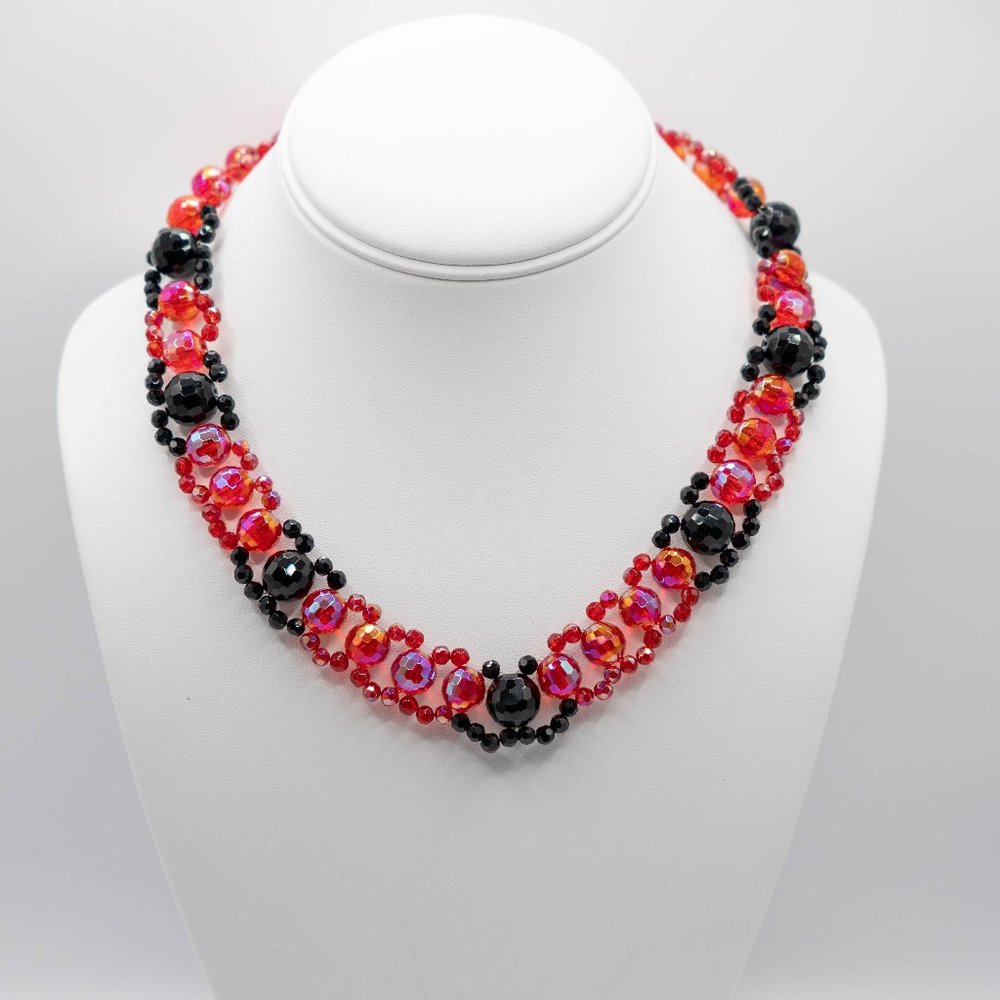 Vintage Red and Black Glass Beads with Small Crystal Linings